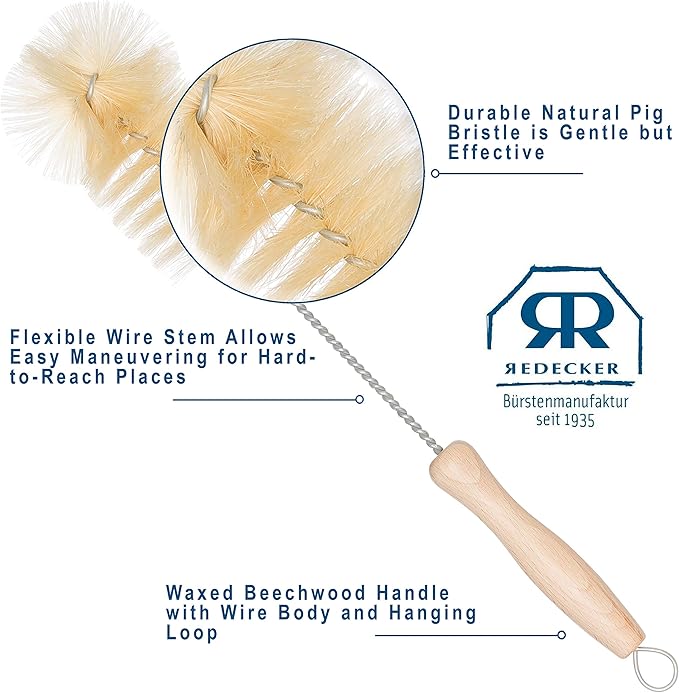 Redecker Natural Pig Bristle Soda Bottle Brush, 11-3/4-Inches, Flexible Wire Handle, Made in Germany