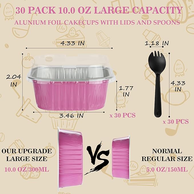 Mini Square Cake Pans with Lids，BAKINGPAK 30PCS 10OZ Mini Cake Pans with Lids Individual Cupcake Containers Mini Disposable Cake Pans with Lids Mini Aluminum Pans with Lids for Baking Party, Pink
