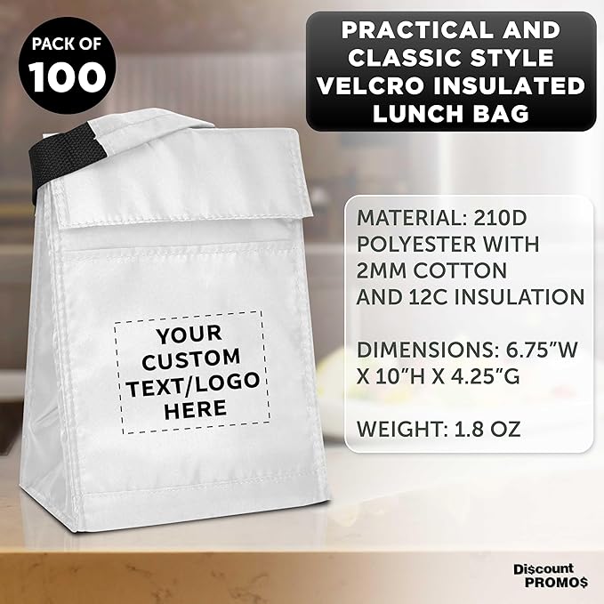 DISCOUNT PROMOS 100 Hook and Loop Insulated Lunch Bags Set - Customizable Text, Logo - Polyester, Durable, Vibrant, Reusable - White