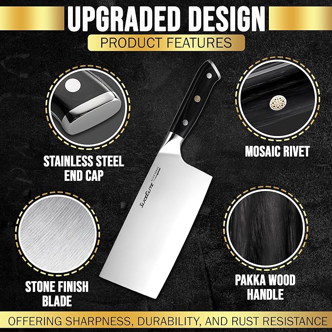 SliceElite Slice Series 7 Inch Cleaver Knife High Carbon German Steel Blade Pakkawood Handle Dual Sheath Sharp Butcher Knife Kitchen Chopper Bone Cutter Meat Slicer Vegetable Knife BBQ Butcher Cleaver