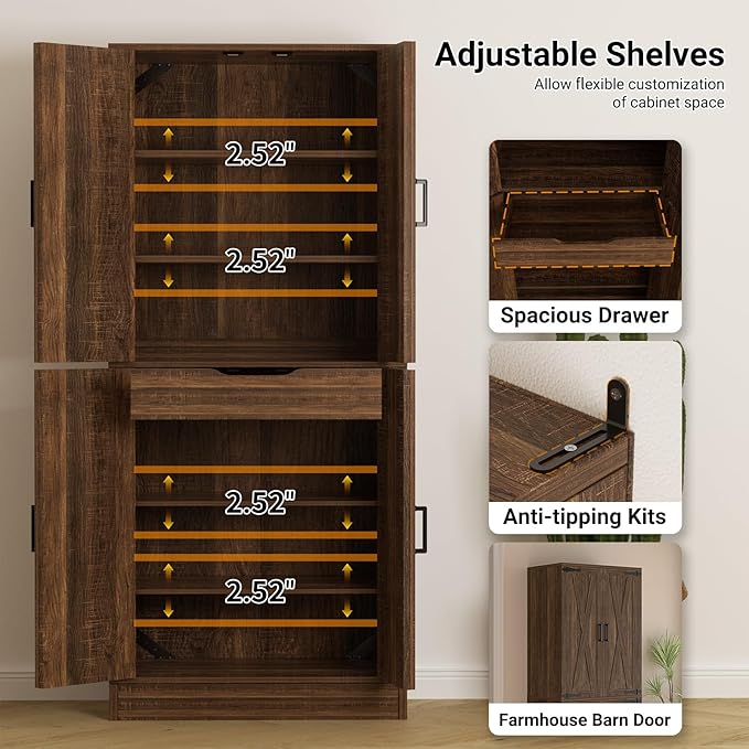 Unikito Kitchen Pantry Cabinet with Farmhouse Barn Doors and Storage Drawer, 8 Adjustable Shelves, Freestanding Tall 71" Cupboard for Dining Room, Living Room, Utility Room, Weathered Brown 2 Pack