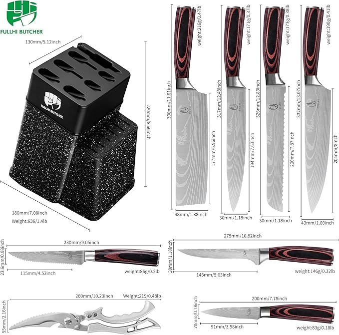 FULLHI 14pcs Block Knife Set, Chef's Knife Steak Knives Set with Block and Sharpener, Kitchen Knife Set, Multi-colour Handle, Gifts for Men Women