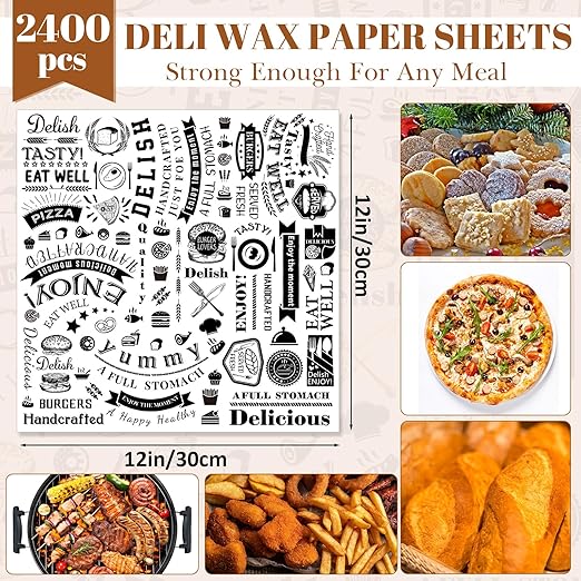 Outus 2400 Pcs 12 x 12 Inch Deli Wax Paper Sheets Grease Resistant Tray Basket Liners Newsprint Paper Water and Grease Proof Sandwich Wrapping Square Hot Dog Wrappers for Food Baking (White)