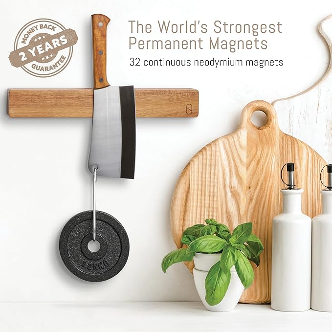 Premium 16 inch Magnetic Knife Holder for Wall with 2x Storage & Charming Wood - Knife Magnetic Strip, Under Cabinet Magnet Knives Storage - Magnet Strip Rack Kitchen Utensil Holder Organizer Tool