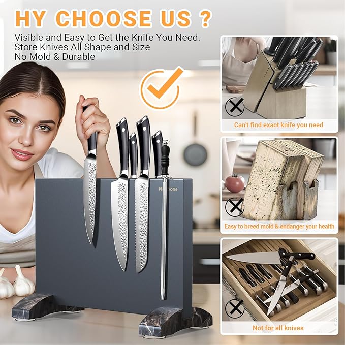 Magnetic Knife Block Without Knives Black Stainless Steel Magnetic Knife Holder Stand with Strong Knife Magnet Double Side Knife Magnetic Strip Knifes Storage Organizer for Kitchen Counter Top