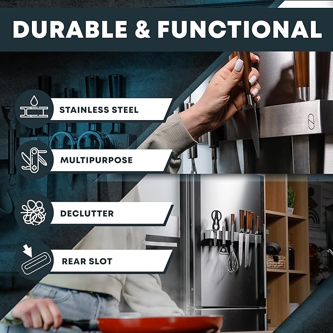 16" Magnetic Knife Holder for Refrigerator with 2x Storage - Safe, Patented Storage Design - Stainless Steel Double Sided Magnetic Kitchen Knife Holder for Fridge - Magnet Strip Utensil Organizer