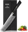 Huusk Damascus Nakiri Knife 7 Inch, Japanese Chopping Chef Knives, Razor Sharp Cleaver and Vegetable Knife with Ergonomic Wood Handle, Damascus VG-10 Kitchen Knife, Birthday Cooking Gifts for Men