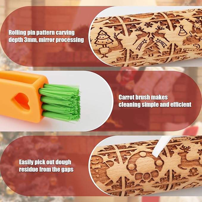 17" Premium Wooden Rolling Pins for Baking with Stamp Embossed Designs | 3mm Deep Springerle Cookie Molds | Christmas Rolling Pin & Baking Gifts for Women | Includes 3-in-1 Cleaning Brush