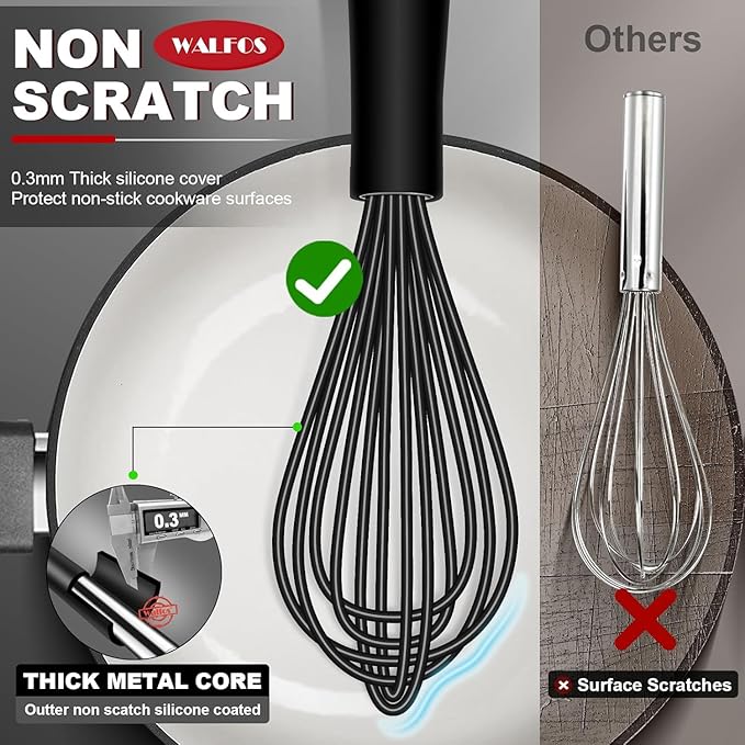 Walfos Whisks,Silicone Whisk Non Scratch,Whisks for Cooking,BPA free and Dishwasher Safe.Nice for Mixing and Beating.5pcs whisk set (5+7in mini whisk +7+9+11in balloon whisk)