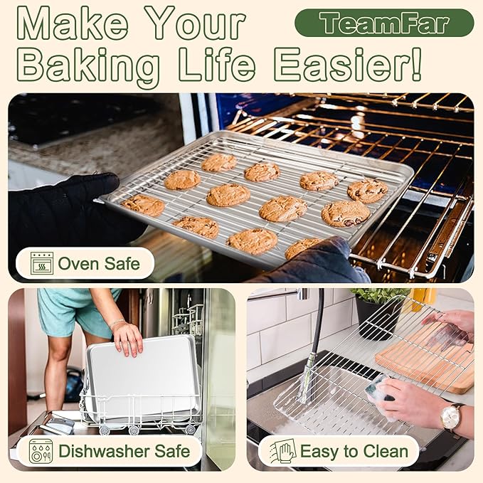TeamFar Baking Sheet with Rack Set (3 Pans + 3 Racks), 16/12.5/10.5 Inch Stainless Steel Cookie Sheets Baking Pans Trays and Cooling Racks for Cooking Roasting, Non-Toxic & Heavy Duty, Dishwasher Safe