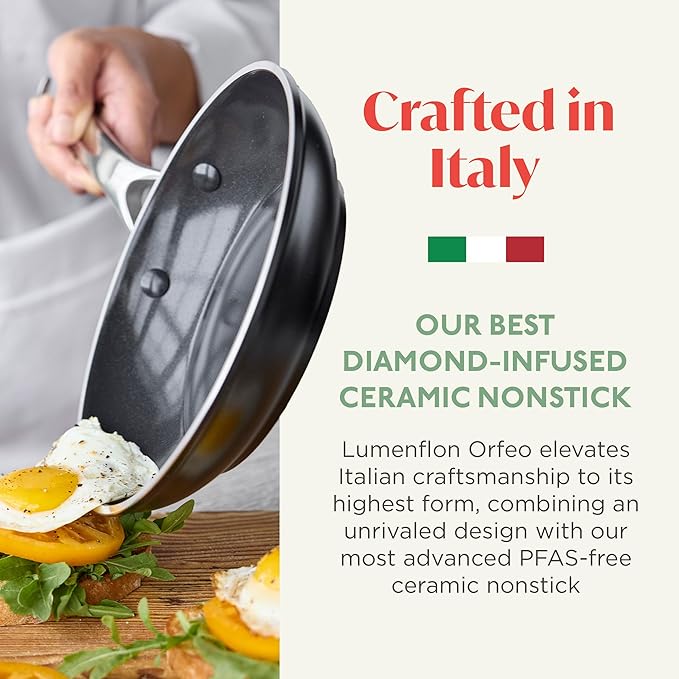 Orfeo 10 Piece Nonstick Cookware Set, Made in Italy, Diamond Ceramic PFAS-Free Pots & Pans, Induction Ready, Scratch Resistant, Laser-Fused Surface for Durability, Dishwasher Safe, Black