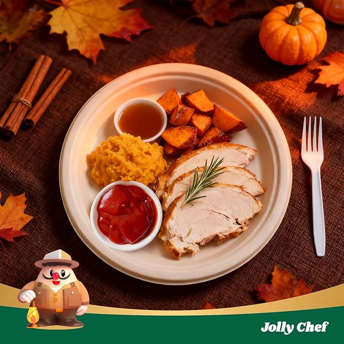 JOLLY CHEF Compostable Heavy Duty Plates 𝟭𝟬 𝗜𝗻𝗰𝗵 [𝟱𝟬𝟬 𝗣𝗮𝗰𝗸] Eco-Friendly Disposable Paper Plates Made of Bagasse Biodegradable Bulk for Party Dinner Sugarcane Thanksgiving Day (Natural)