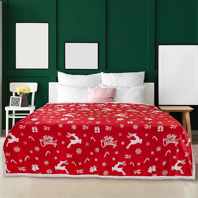 PAVILIA Premium Christmas Sherpa Throw Blanket | Christmas Decoration Gift, Fleece, Plush, Warm, Cozy Reversible Microfiber Holiday Blanket | Red Reindeer - 60x80 Twin
