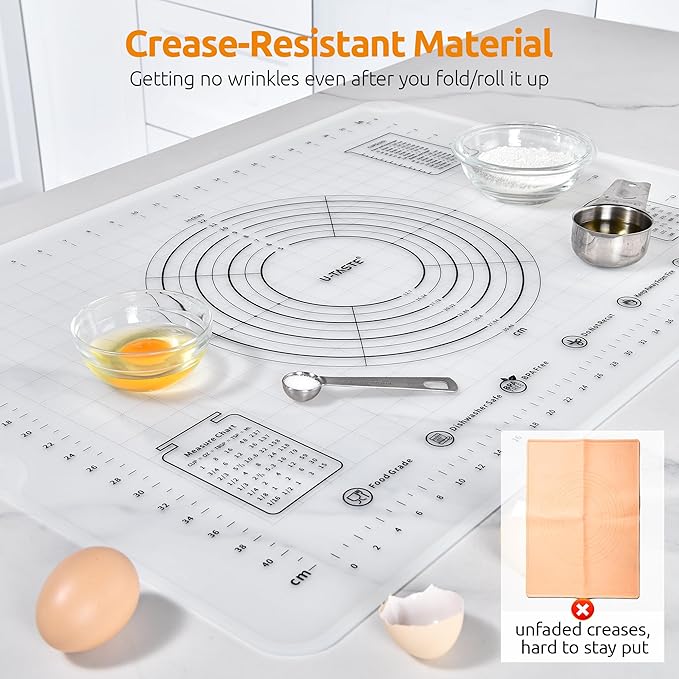U-Taste 28"x20" Large Pastry Mat: Food-Grade Liquid Silicone Dough Rolling Baking Sheet, Non-Stick Non-Slip for Kneading, Making Pizza, Fondant with Clear Measurement and Raised Edges (Transparent)