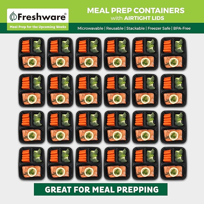Freshware Meal Prep Containers [21 Pack] 3 Compartment with Lids, Food Storage Containers, Bento Box, BPA Free, Stackable, Microwave/Dishwasher/Freezer Safe (24 oz)