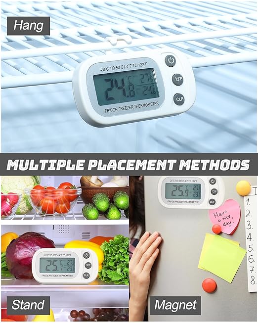 Frienda 8 Pack White Digital Fridge Thermometer Waterproof Refrigerator and Freezer Room Max/min Record Function LCD Screen Refrigerator Thermometer with Hook and Magnetic Back for Home