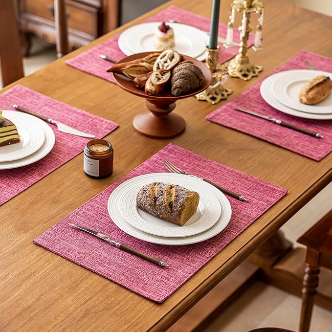 KXN Placemats Set of 6, Dual-Layer Thickened Faux Linen Table Mats, Heat Resistant & Wrinkle-Free, Machine Washable Cloth Place Mats for Kitchen Dining Indoor Outdoor (Pink)