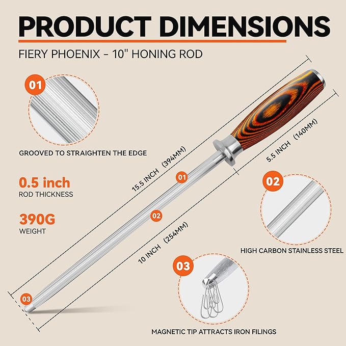 TUO Honing Steel, 10 Inch Knife Sharpener Rod with Pakkawood Handle for Kitchen Knives Daily Sharpening Maintenance - Fiery Phoenix Series