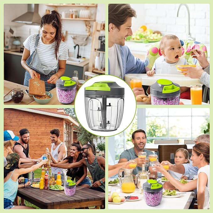 Manual Food Processor Vegetable Chopper, Portable Hand Pull String Garlic Mincer Onion Cutter for Veggies, Ginger, Fruits, Nuts, Herbs, etc., 900ml-Gray