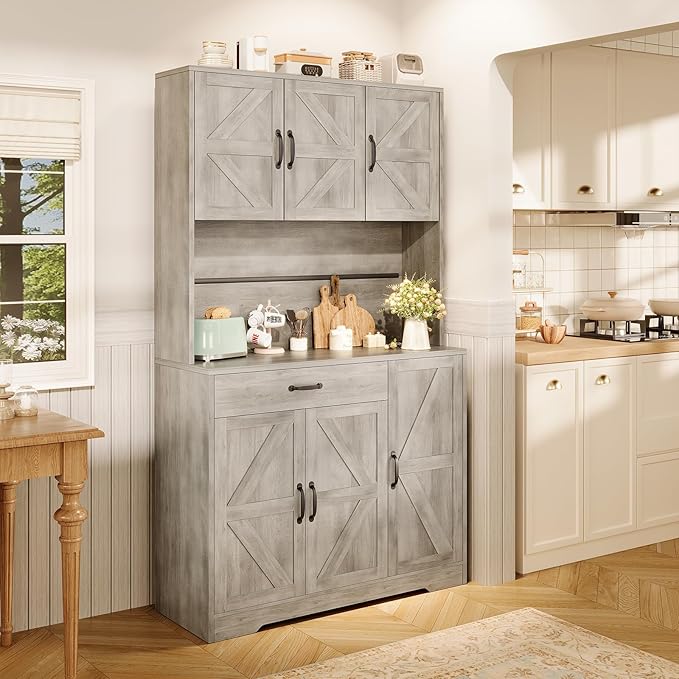 71" Kitchen Pantry Cabinet with Charging Station, Buffet Sideboard for Coffee Maker & Toaster, Storage Cabinet for Snacks, Spices & Wine, Fits Kitchen, Dining Room & Coffee Bar，Grey