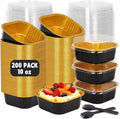 200 Pack 10 oz Black Gold Mini Aluminum Cake Pans with Lids and Spoons, Disposable Square Baking Cups, Oven Safe Foil Ramekins for Individual Desserts, Cupcakes, Cheesecakes Ramekins Muffin