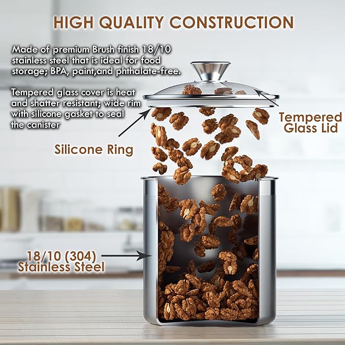 Cooks Standard Stainless Steel Food Jar Storage Canister Set Large 4-Piece, 1.6qt/2.5qt/3.5qt /5qt Airtight Containers with Glass Lid for Tea Coffee Sugar Flour Pantry Kitchen Counter