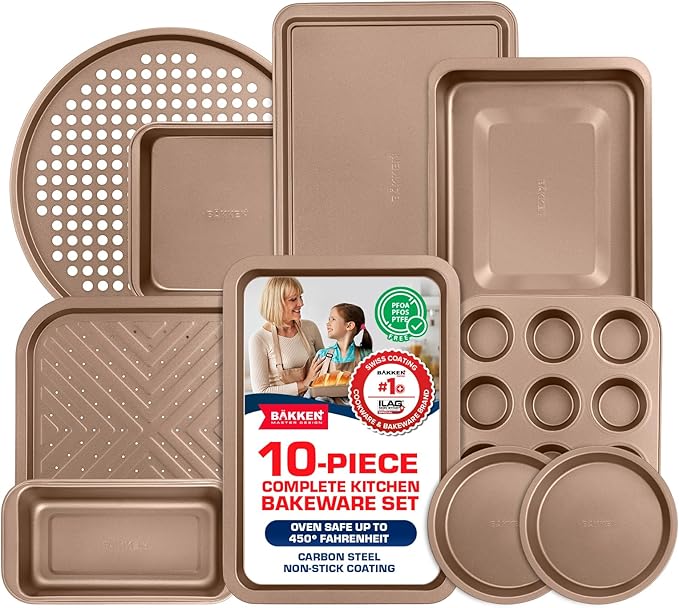 BAKKEN 10-Piece Kitchen Baking Pan Set - Commercial Grade Carbon Steel Bakeware, With Nonstick Coating, Stackable and Space-saving Design, PFOA, PFOS, PTFE Free, Oven Safe Tray (Up To 450°F), Brown