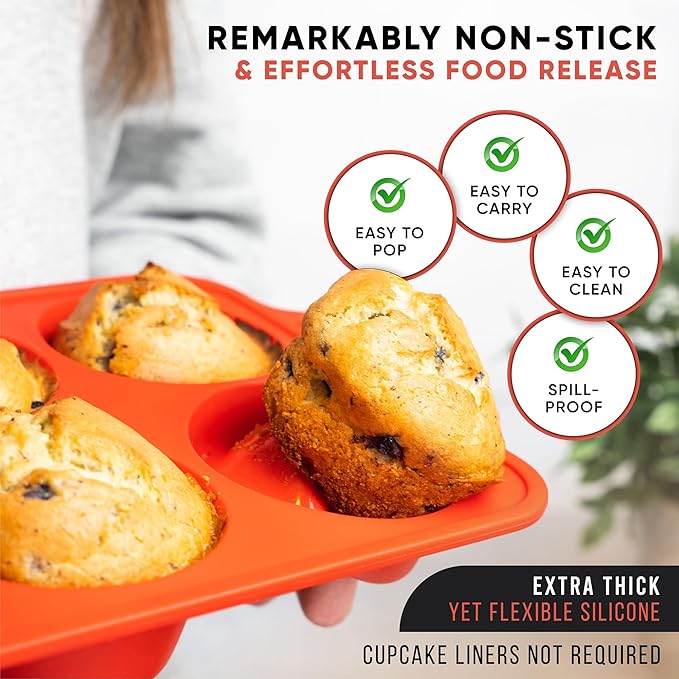 Regular Size 6 Cup Silicone Muffin Pans for Baking - Non-Stick Silicone Cupcake Pans, Easy-Release, Metal Handles, BPA-Free, Dishwasher & Oven Safe, Even Baking Muffin Tray