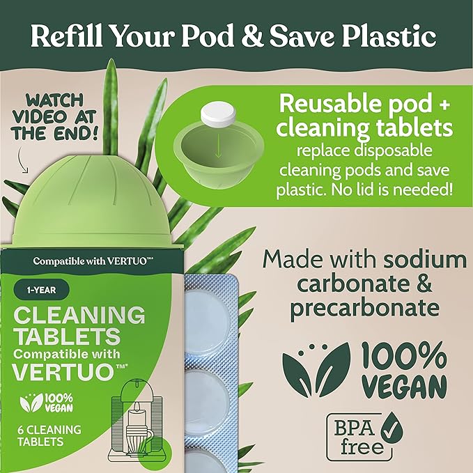 Roobi Nespresso Compatible Vertuo Cleaning & Descaling Kit. Includes 1 Bottle of Descaling Solution, 6 Cleaning Tablets and 1 Reusable Pod. Carbon Neutral Vertuoline Maintenance Kit. 6 Month Supply.