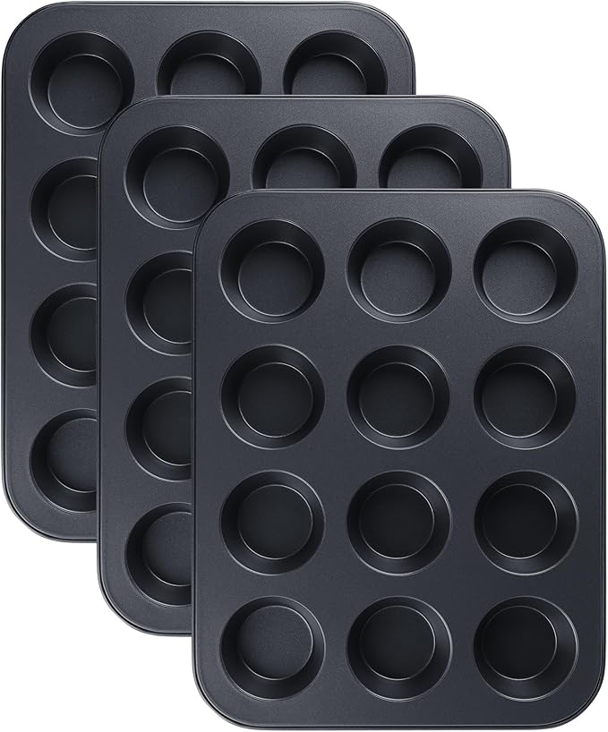 Muffin-Pan for Baking, Nonstick Cake Pan 12 Cups, 3 Pack Cup Premium Cheesecake Pans, Cupcake Baking Pan for Oven 13.2 * 10 * 1.1in Black