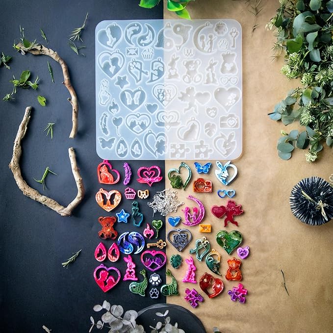 Keychain Resin Molds Silicone with Hole, 43pcs UV Resin Jewelry Mold, Epoxy Resin Molds for Keychain Pendant Jewelry Making Molds for Epoxy Resin Earring Mold, Earrings, Necklace