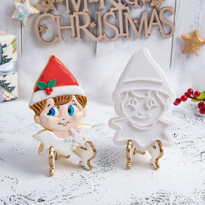 Flycalf Christmas Cookie Cutters Elf Shapes with Plunger Stamps Holiday PLA Baking Accessories Cutter Molds Gifts Decorative Party 3.5" Kitchen Cake Supplies