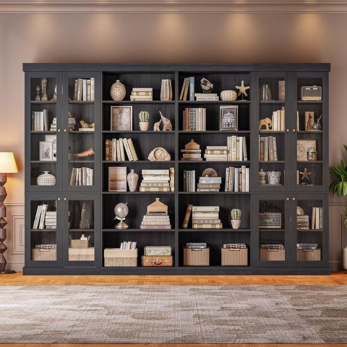 70.8" Tall Farmhouse Bookshelf with Glass Doors, Modular Bookcase with 6-Tier Adjustable Shelves, Large Storage Cabinet for Kitchen, Living Room, Black, Set of 4
