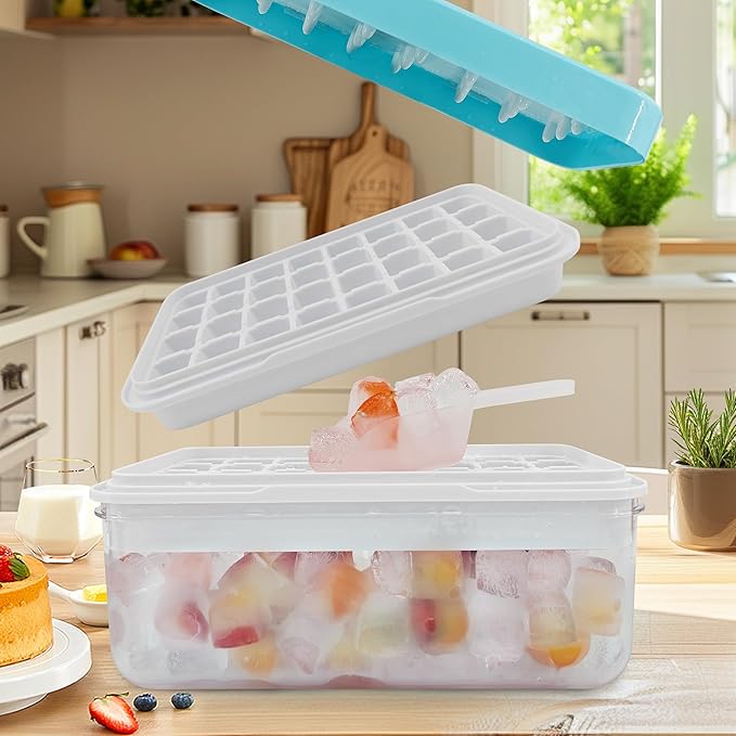 Satax Silicone & Plastic Ice Cube Trays with Lids and Bin - Durable, BPA-Free, Easy Release, Perfect for Cocktails, Coffee & More (2, blue)