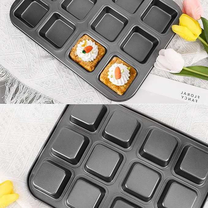 Beasea Brownie Pan with Dividers, 2 Set All Edges Square Cupcake Brownie Pans 12 Mini Cavity Non Stick Baking Carbon Steel Bread Mold Small Edge 3x4 Individual Cutter Sheet Tray for Cake Cookie Oven