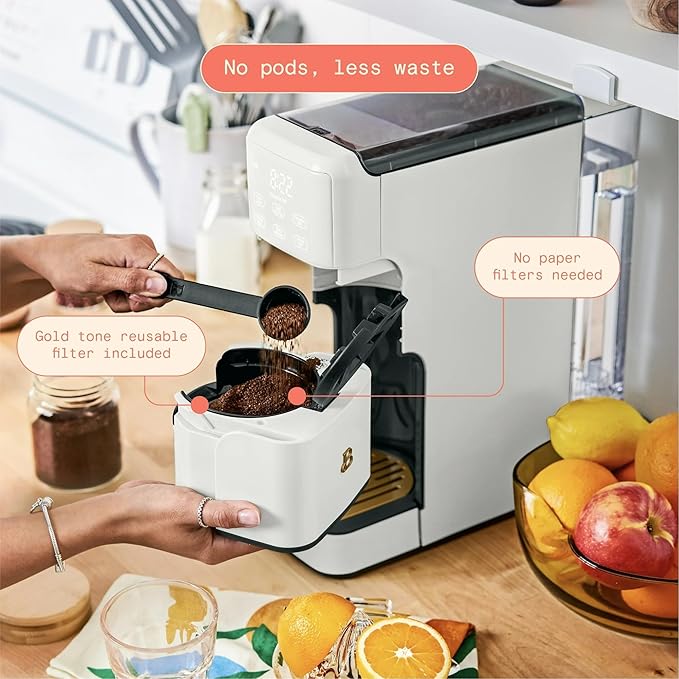 Beautiful Perfect Grind Programmable Single Serve Coffee Maker with Touch Display and Integrated Burr Grinder, Auto Coffee Strength Selection, 64oz Water Reservoir (White Icing)