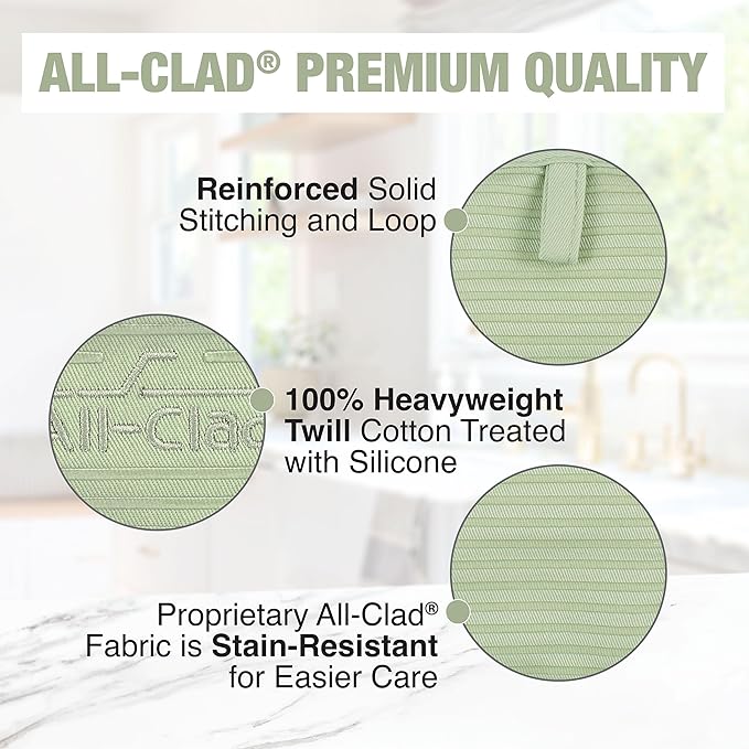 All-Clad Premium Pot Holder & Heating Pad, (2-Pack) Heat Resistant to 500 Degrees, 100% Cotton 10"x6.25" for Kitchen and Barbeque, Fennel