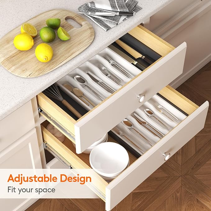 Lifewit Silverware Drawer Organizer, Expandable Utensil Tray for Kitchen, BPA Free Flatware and Cutlery Holder, Adjustable Plastic Storage for Spoons Forks Knives, Large, White&Black