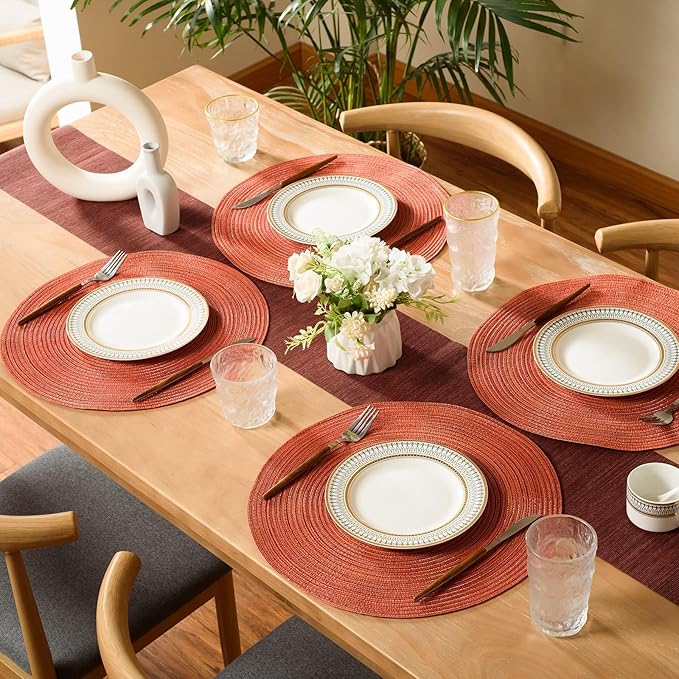 FunWheat Round Braided Placemats Set of 4 Place mats for Dining Tables Woven Heat Resistant Table Mats 15 inch for Fall(Orange,4pcs)