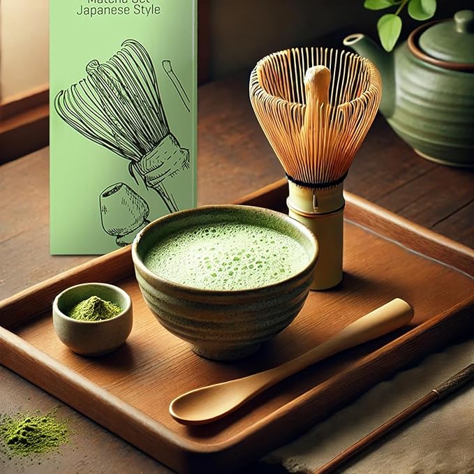 Matcha whisk set - 4pcs - Includes Bamboo Matcha whisk, scoop,spoon,Matcha Whisk Holder. Essential matcha whisk set for a traditional tea ceremony and daily use