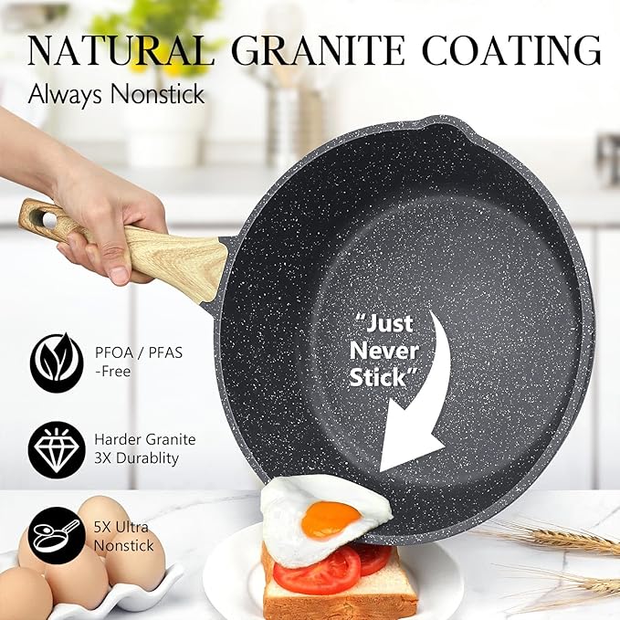 GiPP Nonstick Deep Frying Pan - 11 Inch Saute Pan with Lid Granite Induction Cookware, 4.5Qt Non Stick Woking Pan Skillet, PFOA PFOS APEO Free, Grey
