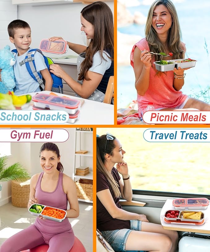 KTKUDY Stainless Steel Snack Container for Kids & Adults - Leek Proof Metal Bento Lunch Box with 2 Compartment - Lunchable Container for Daycare, School, Work, Travel - Stackable Bento Snack Box