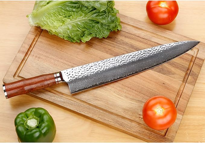 SUNLONG Chef's Knives 12 inch Pro Gyuto Japanese Hammered Damascus Natural Bloodwood Hand