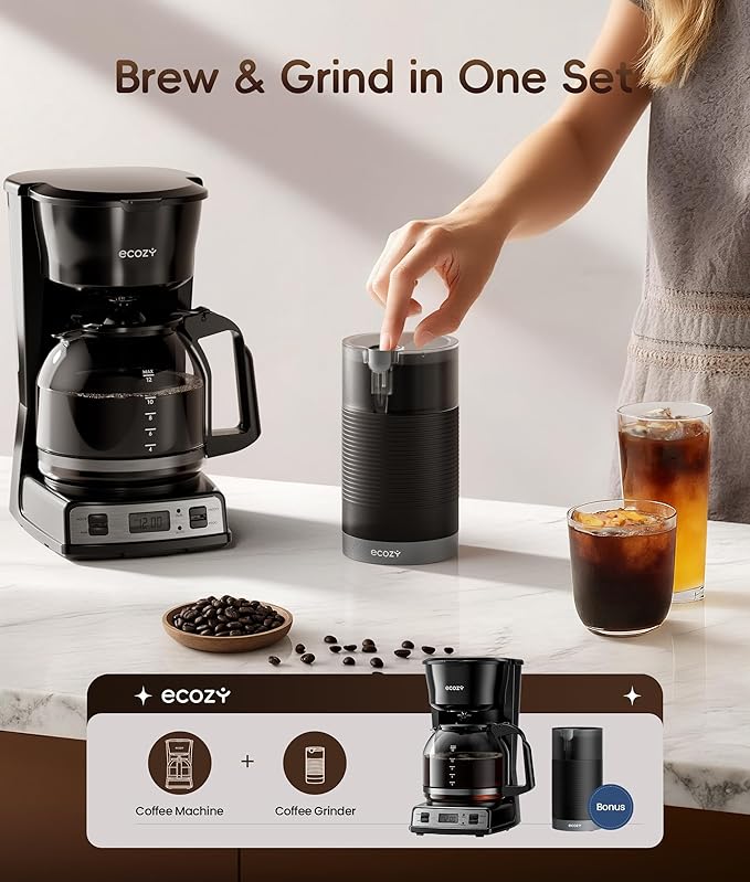 ecozy 12-Cup Programmable Coffee Maker with Electric Coffee Grinder Combos, Drip Coffee Machine with Pause & Pour Function, Auto Shutoff, Keep Warm, Brezzano DuoSet