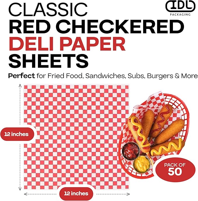 Red Checkered Deli Paper Sheets, 12" x 12" (50 pcs.) - USA-Made Premium Food Basket Liners - PFAS-free Grease Resistant Deli Paper Sheets for Food, Snack & Baking Wrap, Picnic & Party by IDL Packaging