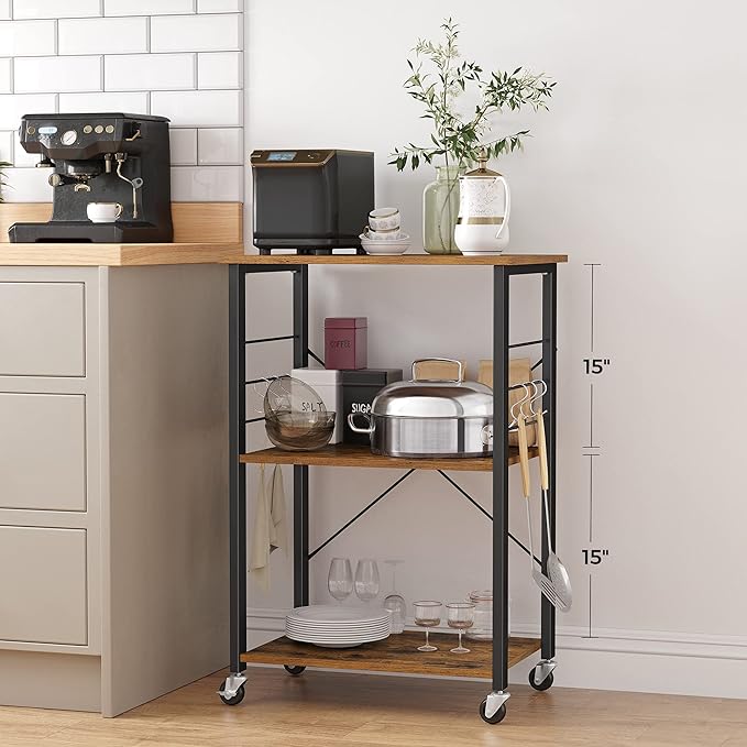 VASAGLE Kitchen Shelf on Wheels, Serving Cart with 3 Shelves, Kitchen Cart, Microwave Shelf, for Mini Oven, Toaster, with 6 Hooks, Industrial Style, Rustic Brown and Black UKKS60XV1