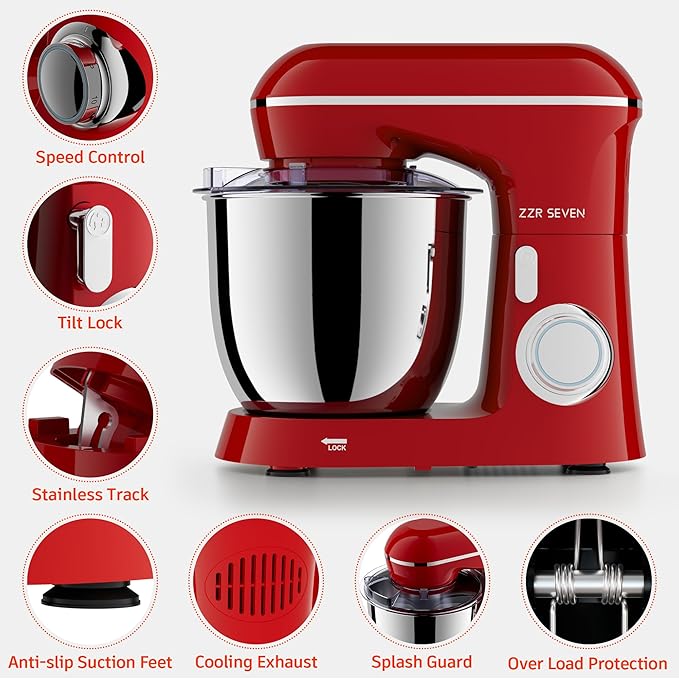 Stand Mixer, 5.5 Quart, 10 Speed Tilt-Head Kitchen Mixer, Copper Motor, Household Food Mixer with Bowl, Flat Beater, Dough Hook, Egg Whisk (450W Red)