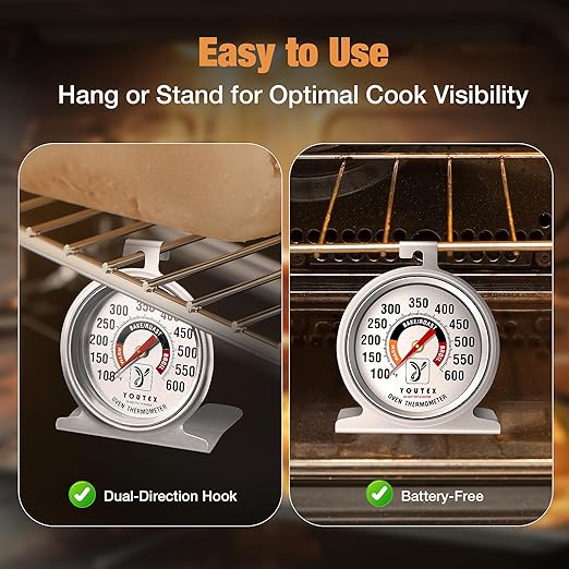 2-Pack Oven Thermometer, Upgraded 100-600°F No-Holes Non-Discoloring Easy-to-Clean for Healthier Cooking, Easy-to-Read with Large Bright Numbers for Gas & Electric Ovens, Grills, and Smokers