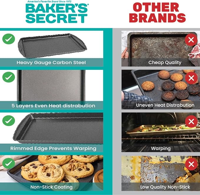 Baker's Secret Nonstick Cookie Sheet 15in baking area, Baking Tray for Oven Premium Food-Grade Coating, Non-stick Cookie Sheets, Baking Accessories - The Classic Collection (1x Medium 15" x 11")