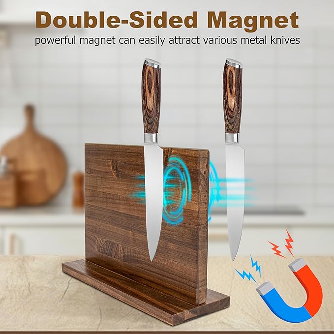 Magnetic Knife Holder,Double Sided Magnetic Knife Block for Kitchen Counter,Acacia Wood Strong Magnet Knife strip